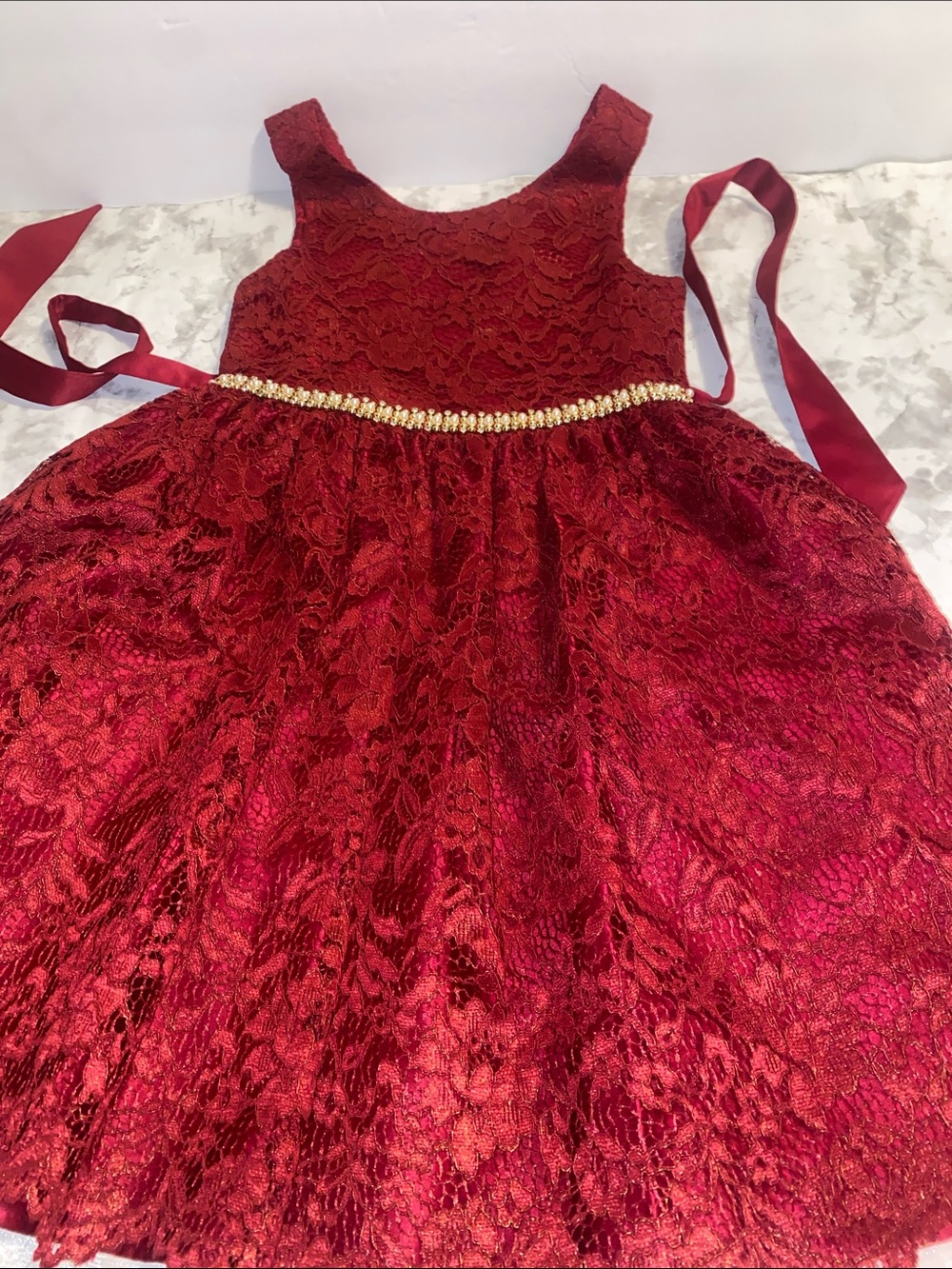 Girls' Burgundy Lace Dress with Gold Trim